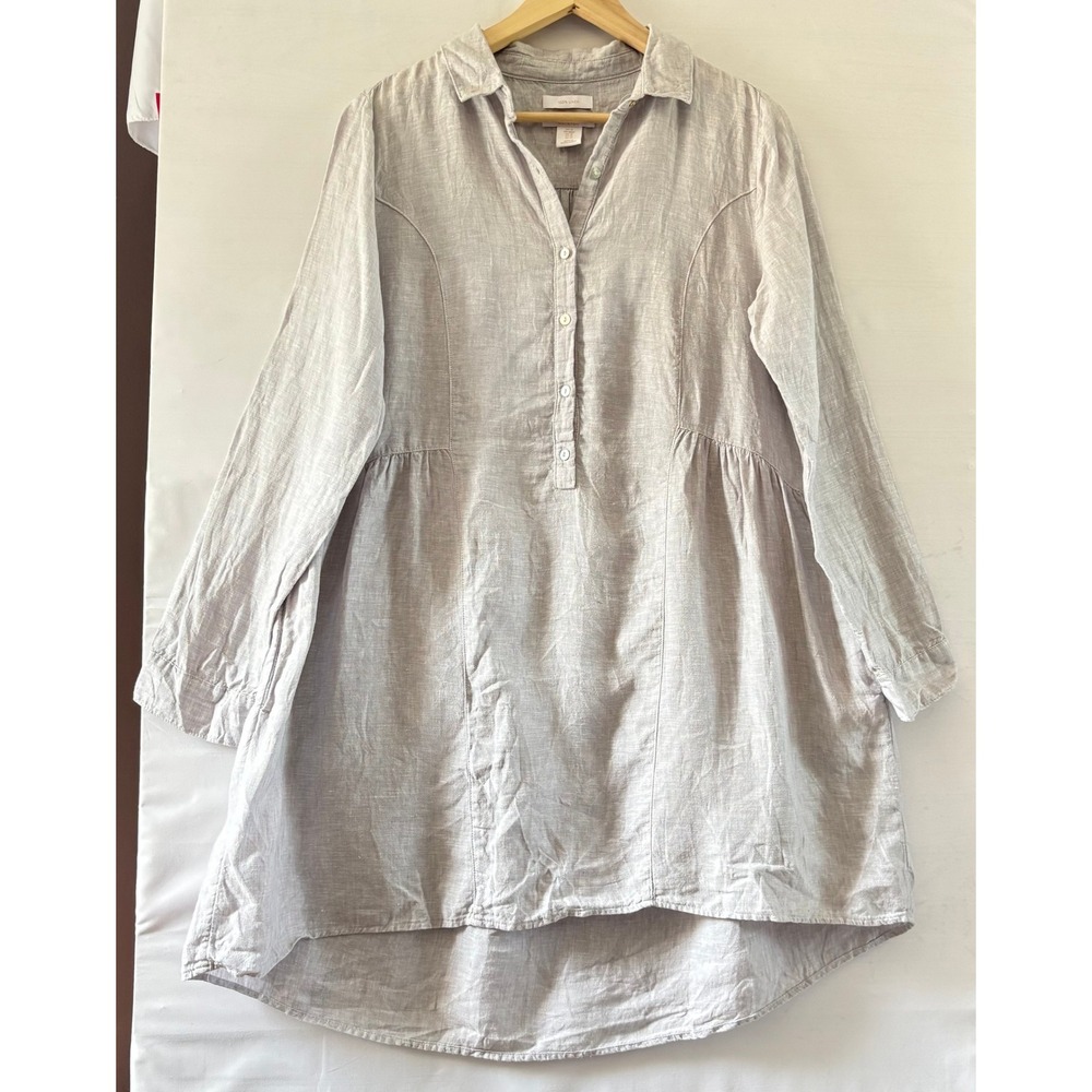 Ralston 100% Linen Tunic Top Grey Long Sleeve High Low Button Front Womens M/L